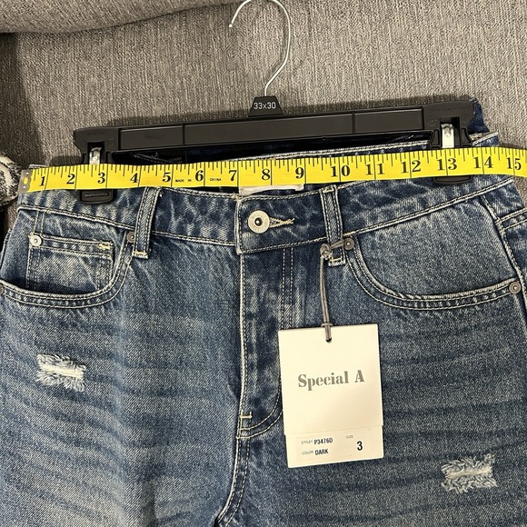 NWT Special A Women's Size 3 Mid Rise Button Up Jeans Dark Wash Distressed Hem - Picture 10 of 11